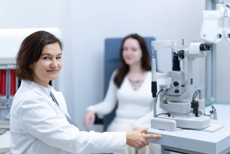 Dr. Ana Pajtler Rošar z nasmeškom v ambulanti z očesno diagnostično opremo in pacientko v ozadju